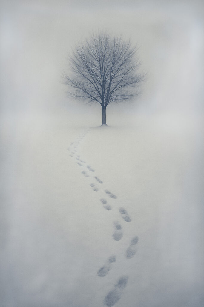 Footsteps fading into mist toward a solitary tree in a quiet winter landscape