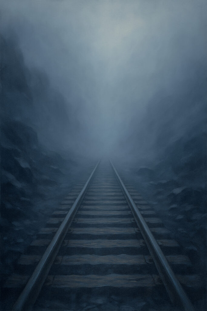 Railway tracks disappearing into dense fog in a quiet, empty landscape