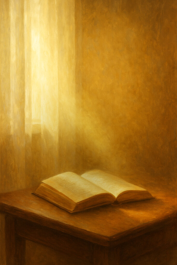 Soft daylight falling onto an open book on a wooden table — quiet interior fine art by Auralis