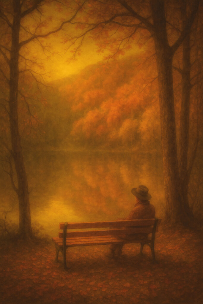 Quiet autumn landscape with solitary figure by the lake — Auralis fine art print