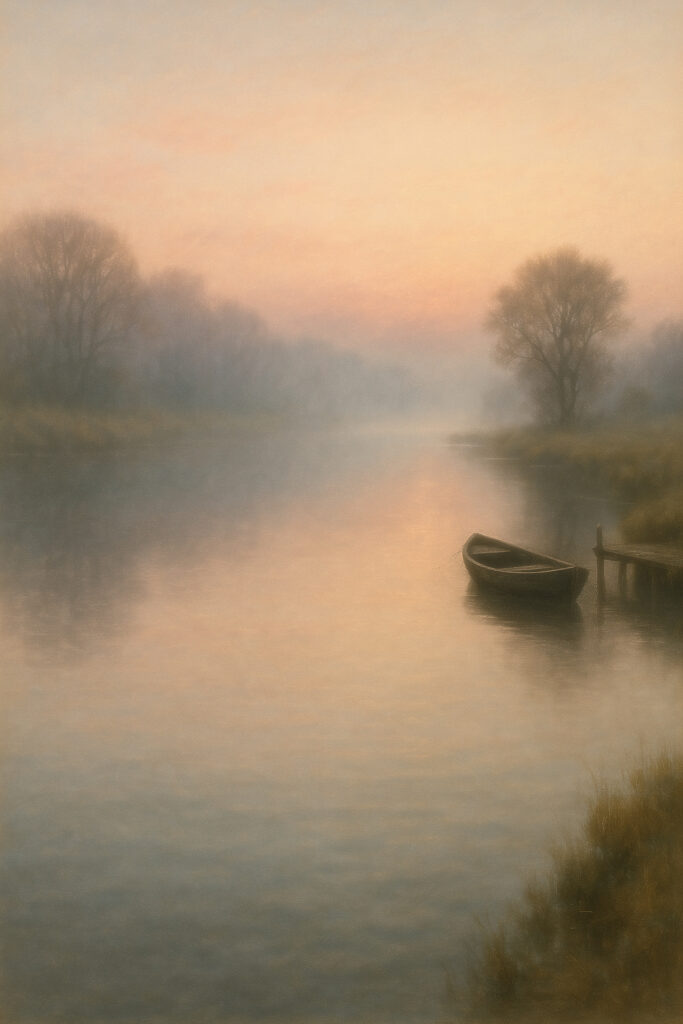 A small boat resting on a calm river at dawn, soft light and mist creating a quiet, contemplative atmosphere
