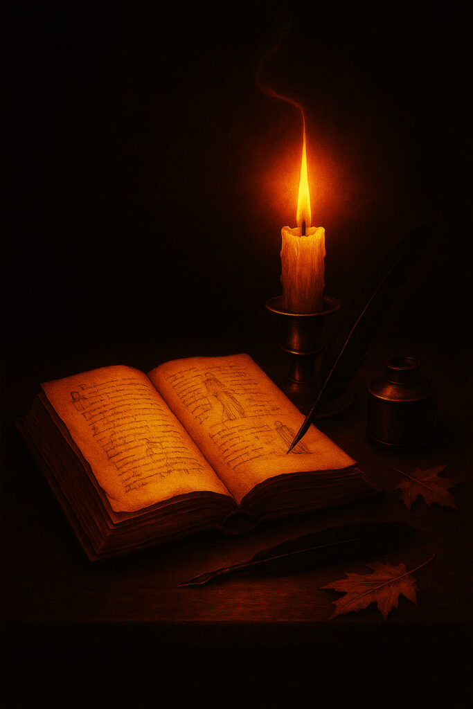 Candlelight illuminating an open book in a quiet, intimate interior — Auralis fine art print