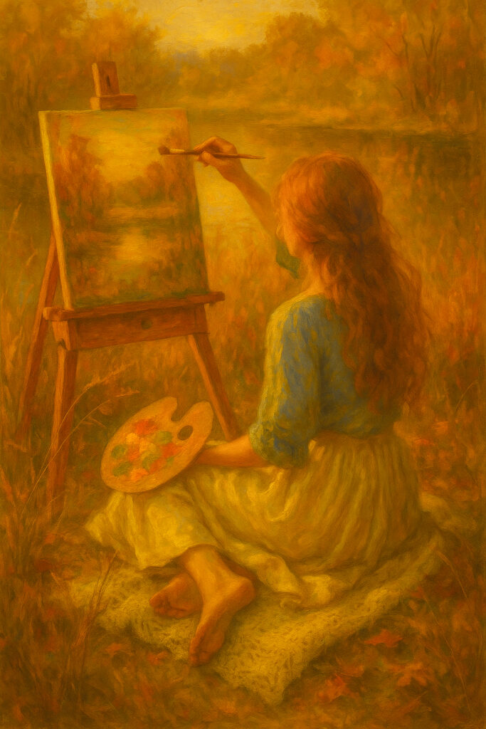 Woman painting by a quiet lake in warm autumn light — poetic fine art by Auralis
