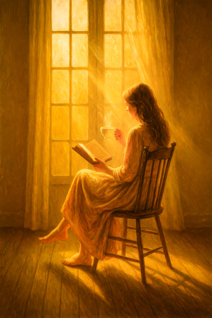 Woman reading by a sunlit window in a quiet morning interior — poetic fine art by Auralis