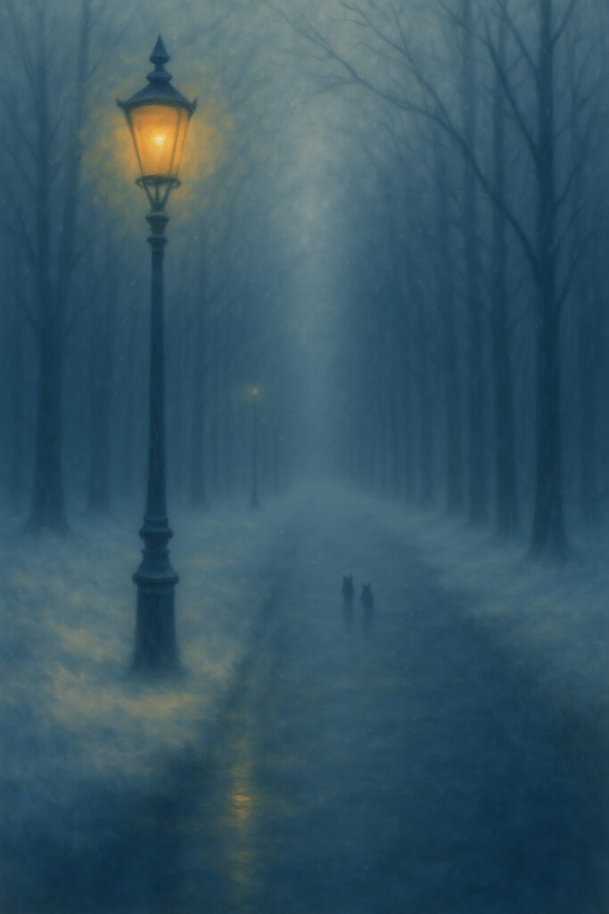 Two figures walking together along a misty path under a quiet streetlamp — contemplative fine art by Auralis