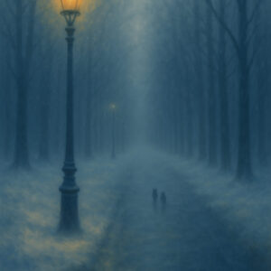 Two figures walking together along a misty path under a quiet streetlamp — contemplative fine art by Auralis