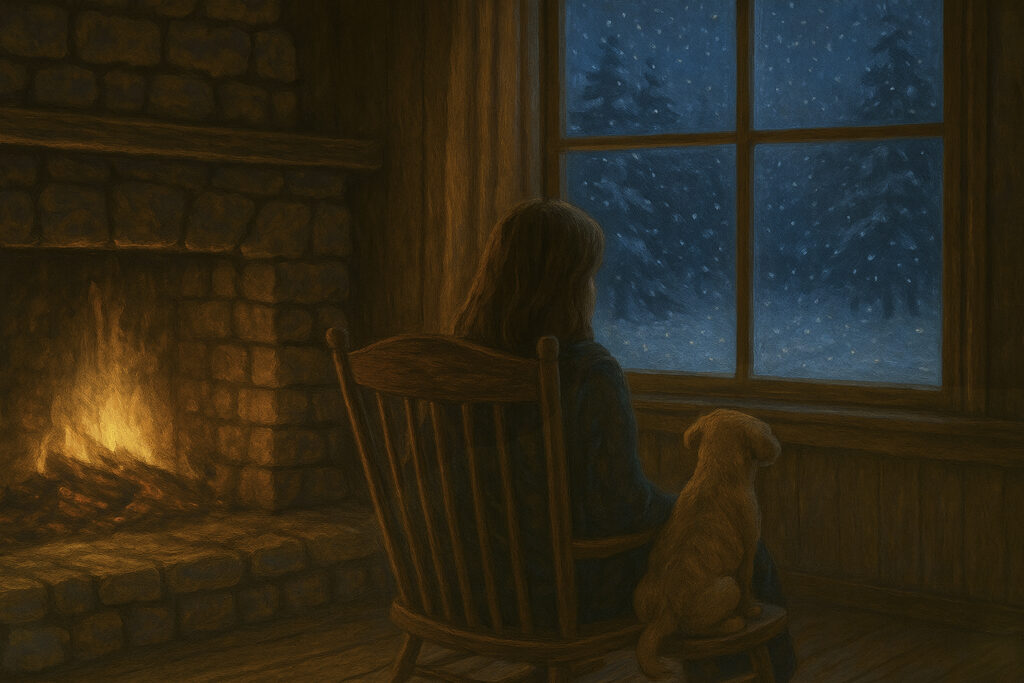 Woman sitting by a fireplace with a dog, looking out a snowy window
