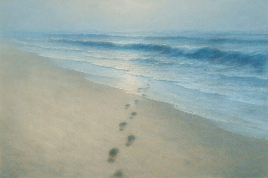 Footsteps on a quiet winter shoreline, with gentle waves and pale cold light