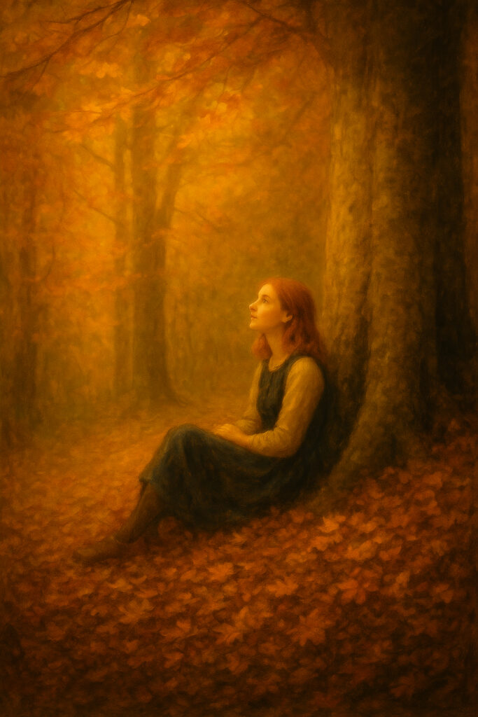 Poetic autumn scene with a solitary woman seated among fallen leaves and warm golden light — Auralis fine art print