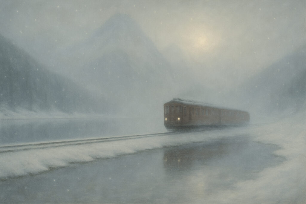 A solitary train moving through a snowy, mist-filled landscape — quiet atmospheric fine art by Auralis