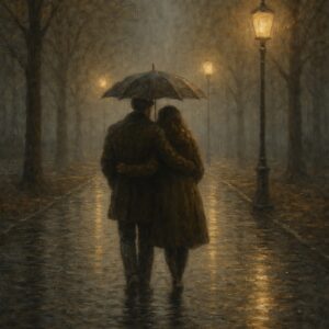 Shared Silence – A couple walks beneath an umbrella along a rain-soaked avenue illuminated by warm lanterns at dusk.