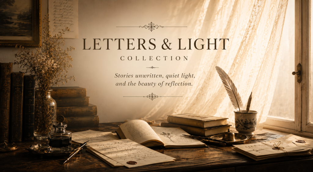 Letters & Light Collection hero image featuring vintage books, handwritten letters, quill pens, warm sunlight through lace curtains, and a quiet atmosphere of reflection and creativity.
