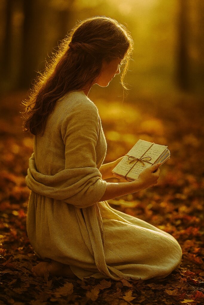 Young woman sitting among autumn leaves holding a bundle of letters – fine art print