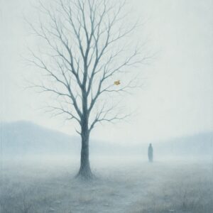 The Last Leaf - A solitary leaf remains on a bare tree standing in a misty winter landscape, while a distant figure appears through the fog.