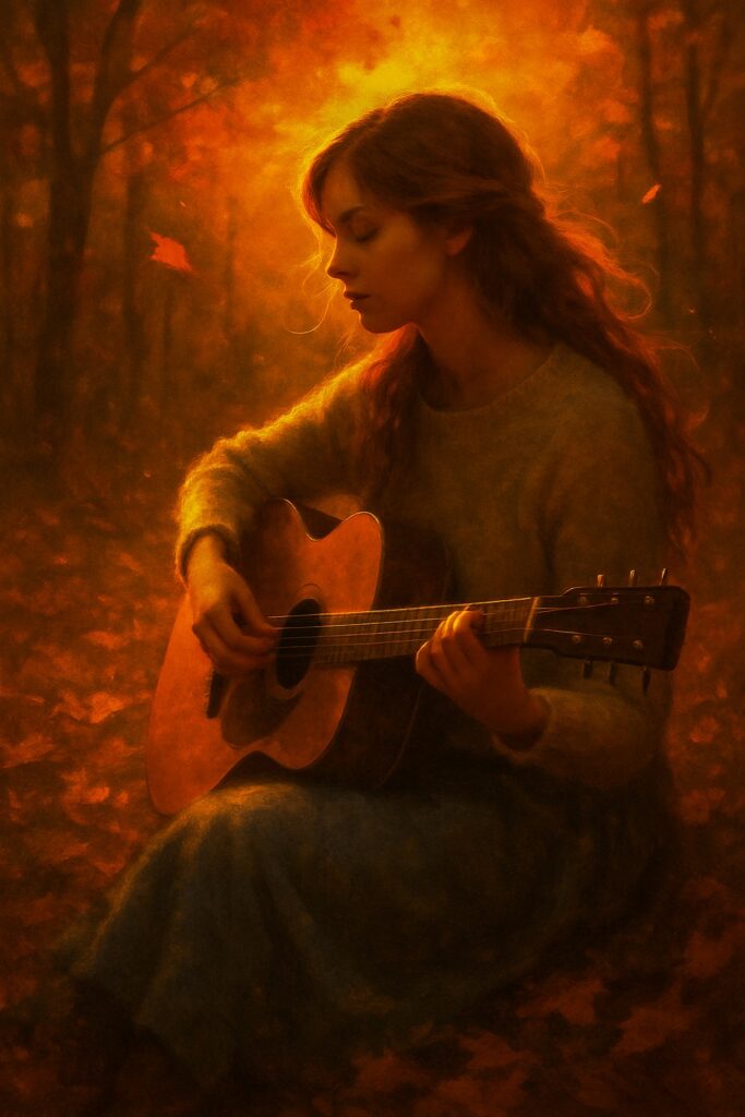 Young woman playing guitar in a glowing autumn forest – fine art print