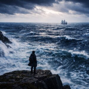The Quiet Before the Journeys - A solitary figure stands on a rocky coast overlooking a stormy sea, while a distant ship sails beneath a dramatic sky.