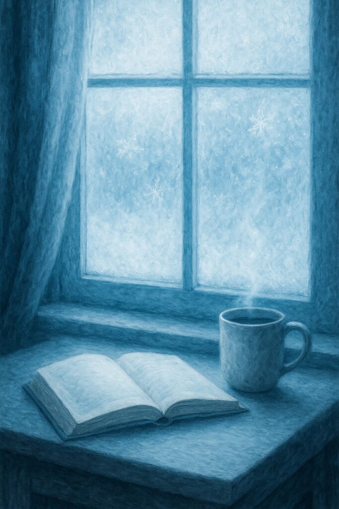 Woman reading beside a frosted window with a warm cup of tea, immersed in the calm atmosphere of a winter morning.