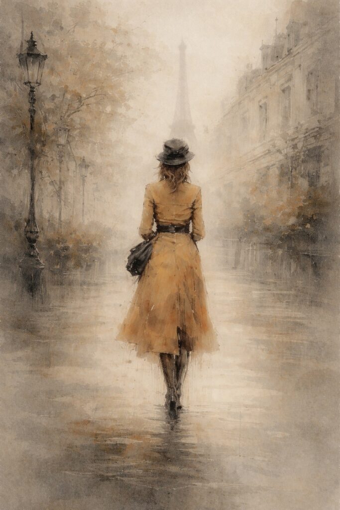 Woman walking alone through a rainy Paris street in a soft autumn atmosphere – fine art print