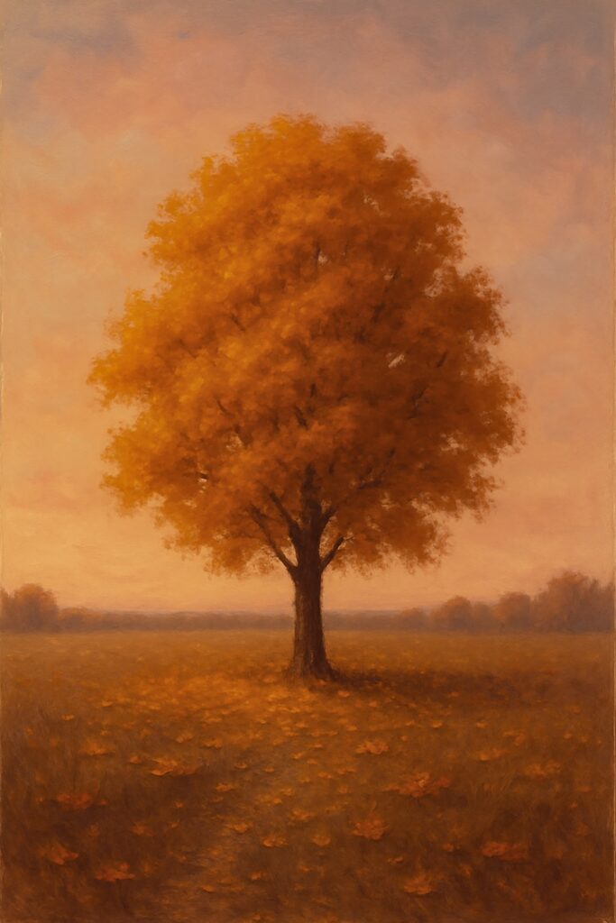 Solitary autumn tree standing in a quiet field under soft evening light – fine art print