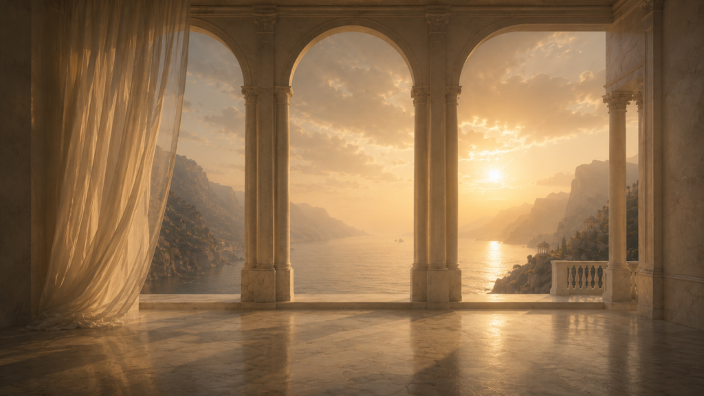 Atmospheric coastal view framed by classical arches, evoking quiet reflection and timeless beauty.